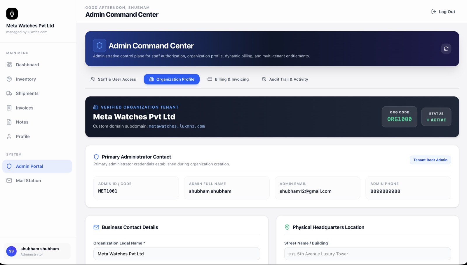 LUXMNZ Admin Portal showing role-based permission toggles, user management table, and account locking