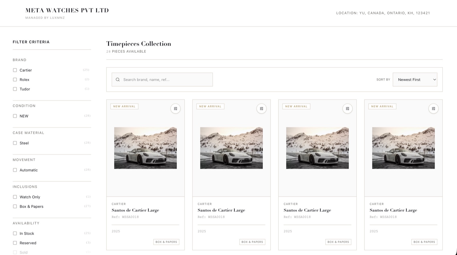 LUXMNZ VIP Public Catalog interface showing luxury watch grid, filter tabs, and detail dossiers