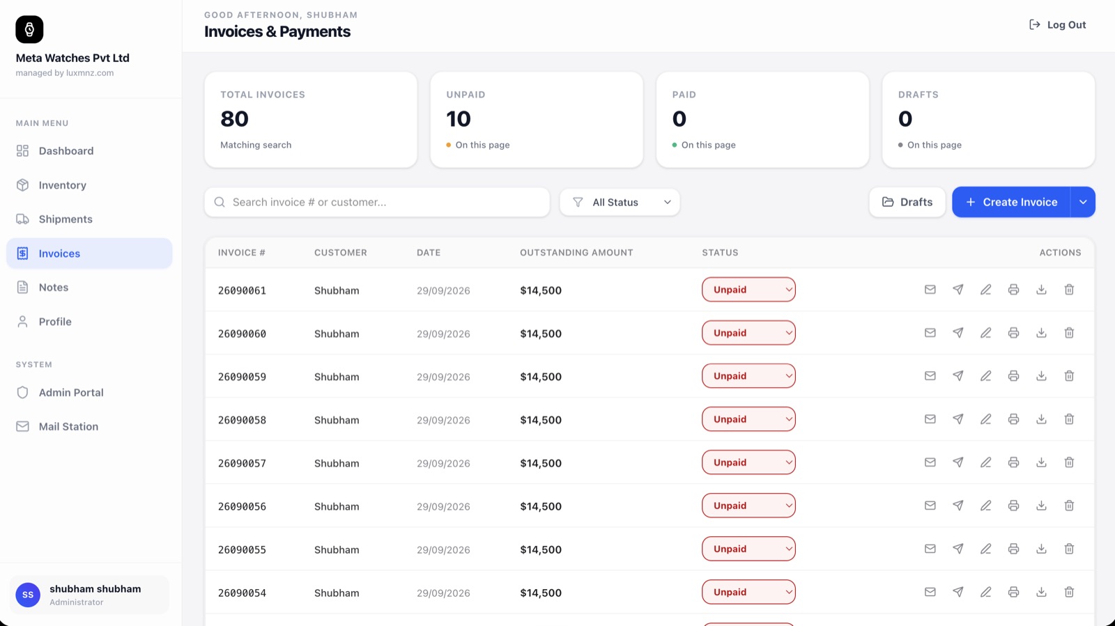 LUXMNZ Watch Invoicing Software interface showing invoice drafting, 10 currency selections, and wire balance tracking