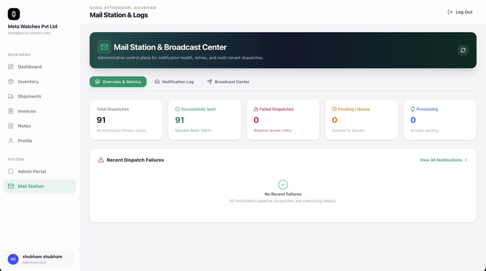 LUXMNZ Mail Station audit screen showing email delivery logs, status badges, broadcast controls, and resend buttons