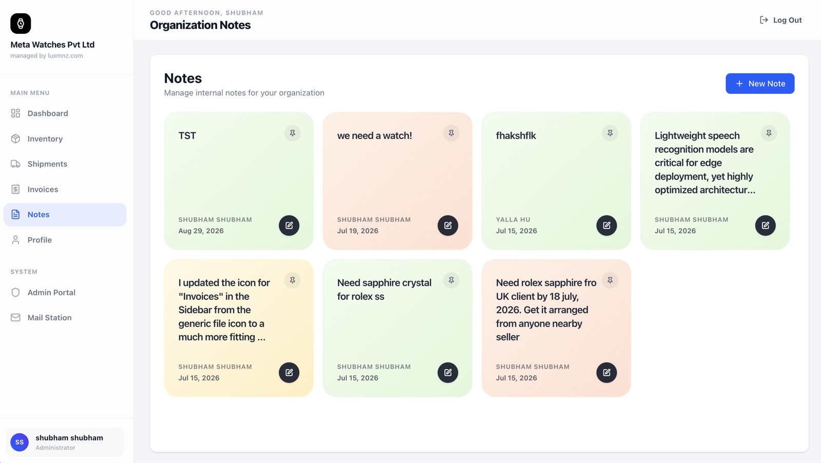 LUXMNZ Team Notes interface showing priority tags, client wishlist cards, and dealer internal memos