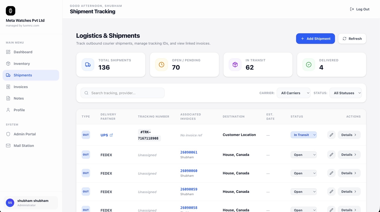 LUXMNZ Shipment tracking interface showing courier selection, transit milestones, and tracking emails